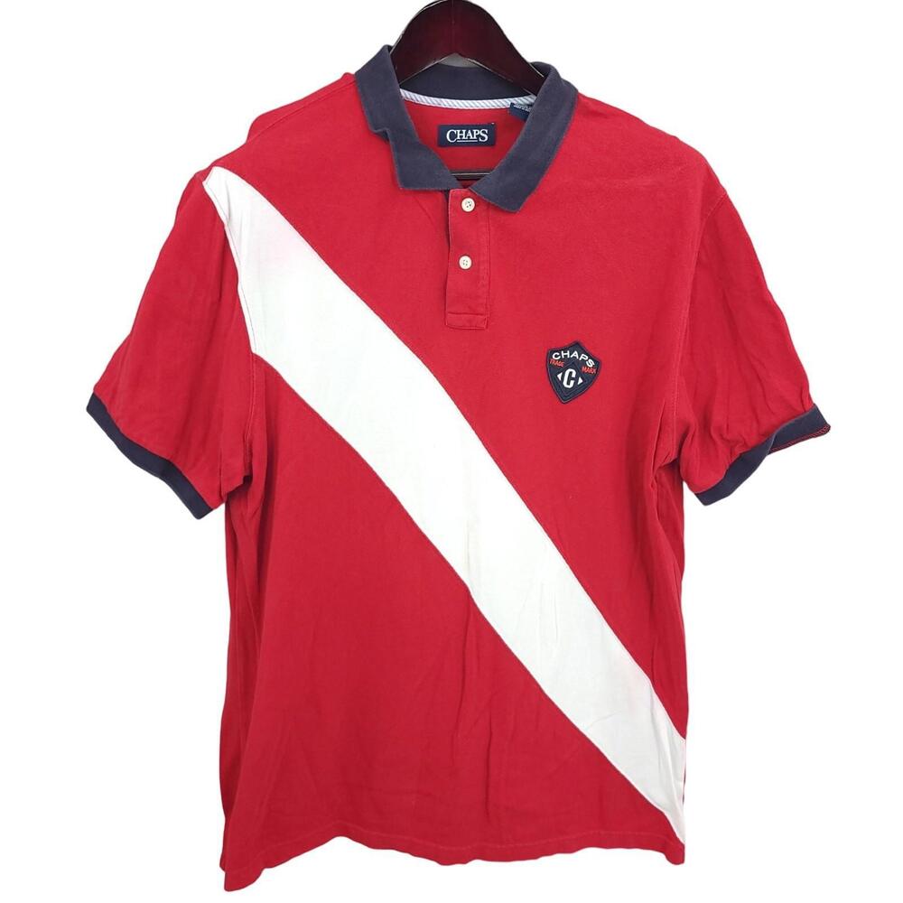 Chaps Polo Shirt Mens XL Red White Short Sleeve Rugby Color Block‎ Striped*